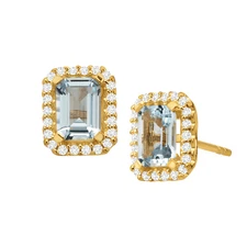 Finecraft 1 1/2 ct Simulated Aquamarine Earrings with CZ, 14K Gold Over Silver