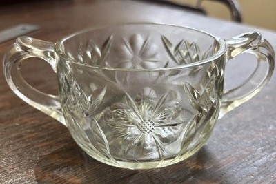 Vintage Cut Glass Clear Sugar Bowl With Flower Design Heavy Starburst Bottom