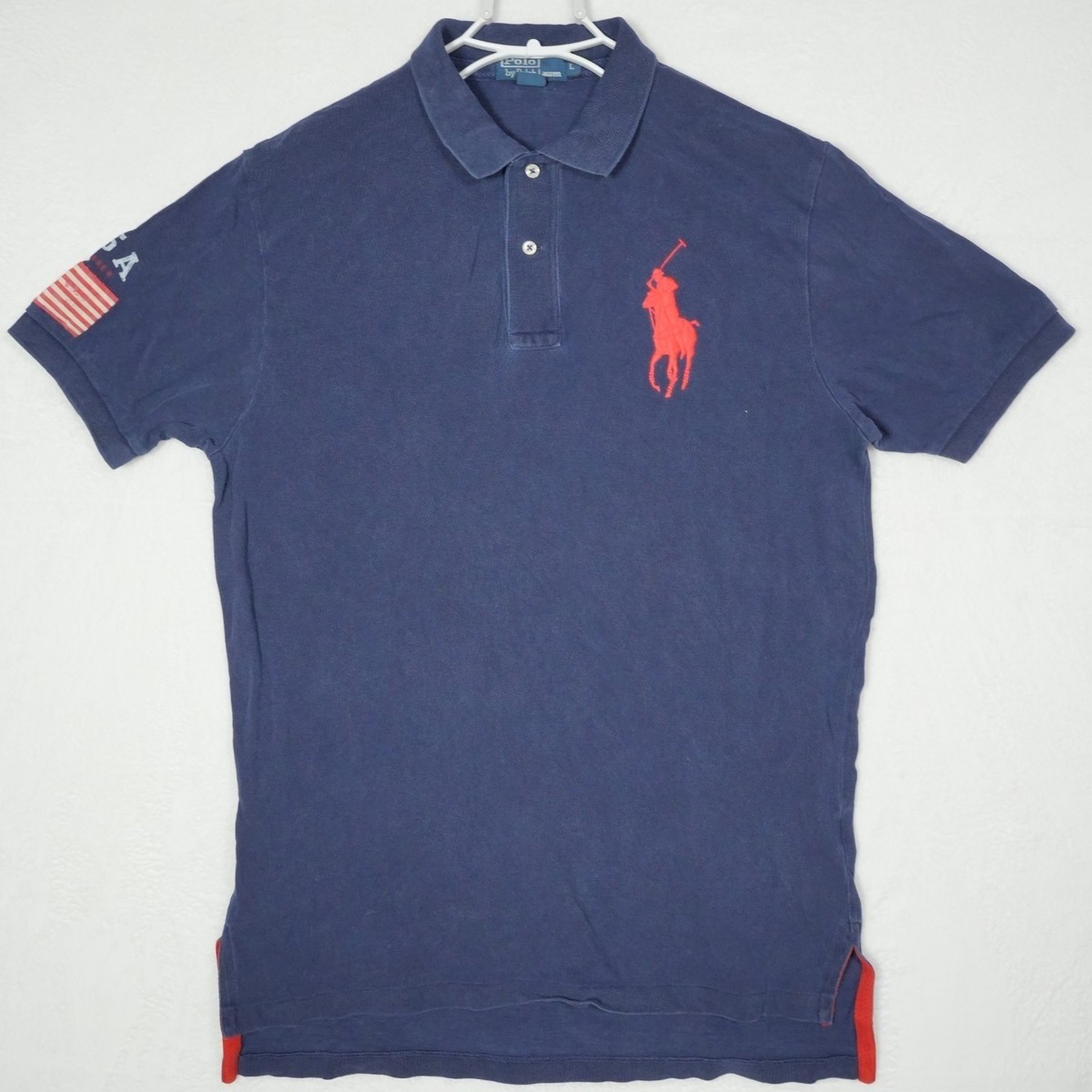 Polo Ralph Lauren Mens Navy Blue Big Pony USA Flag Polo Shirt Size