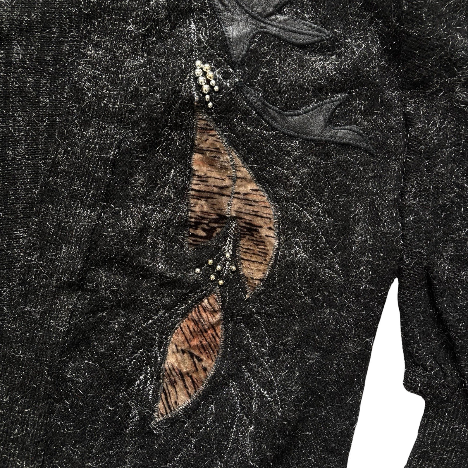 Womens Vintage 80s Buttoned Cardigan Fabric Bead Applique Retro Indie Boho 14 image 3