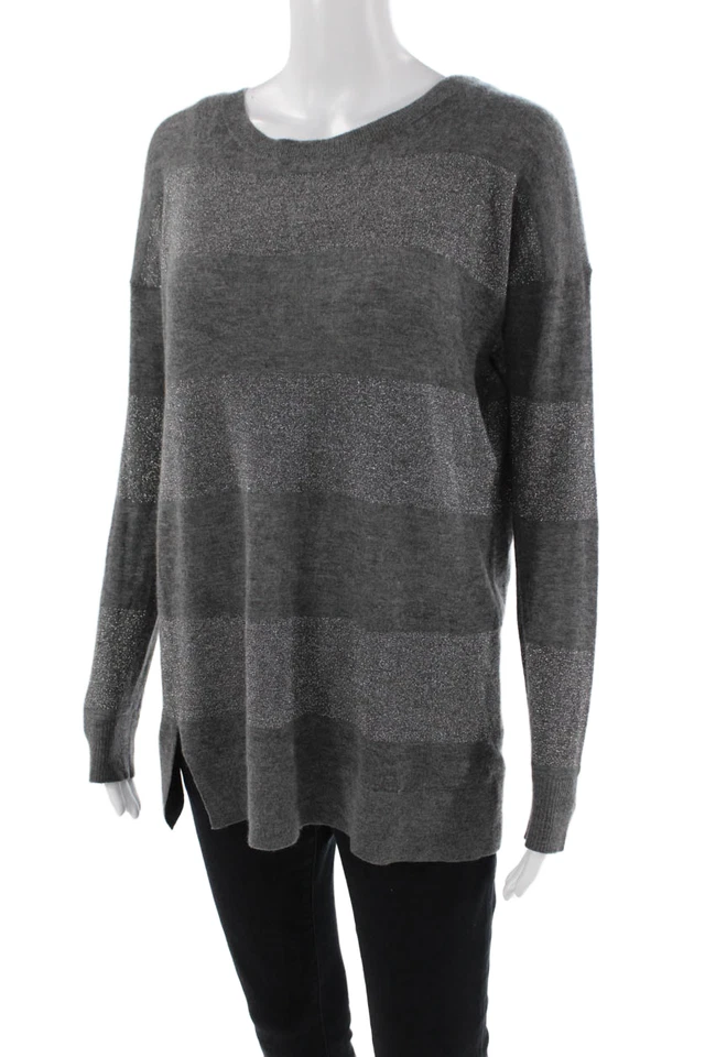 Suéter Vince Mujer Cachemira Rayas Cuello Redondo Gris Plata Talla Mediana Foto 2 de 4