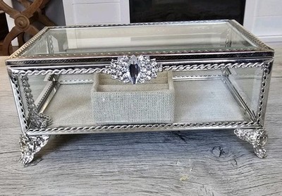Rachel Roy Designer Jewelry Box Center Ring Holder Beveled Glass Silver Tone
