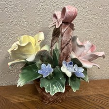 Gorgeous VTG MCM Capodimonte Flower Basket 3D Roses Bow RARE 7.5  