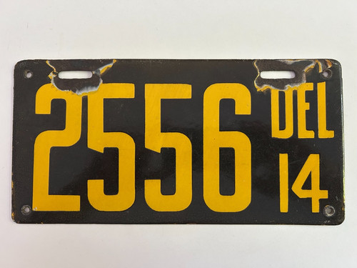 1914 Delaware License Plate Porcelain 100% All Original Glossy
