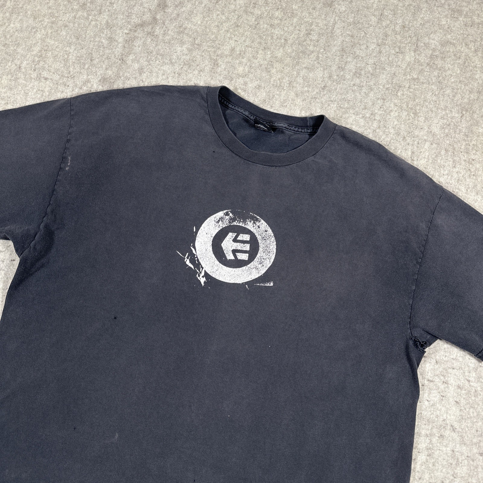 Vintage Etnies Skate Tee Shirt Mens XL? 90s Y2K USA Made Black Distressed