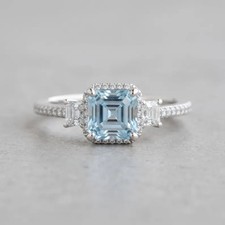 4.00 Ct Asscher Cut Natural Aquamarine Diamond Solid 14k White Gold Wedding Ring
