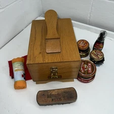 Lot Griffin Shinemaster Solid Oak Wood Shoeshine Box  & Accessories Vintage