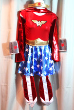 Wonder Woman Halloween Costume Dress Cape Tiara Cuffs 7-Pieces Girl's 8-10