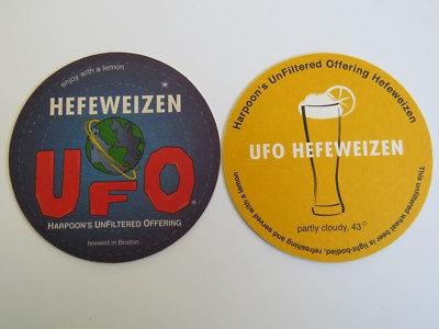 Beer Pub Coaster ~*~ Harpoon Brewing ~ UFO Unfiltered Hefeweizen ~ Partly Cloudy