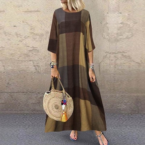 Maxi Long Casual Plus Sleeve Short Kaftan Loose Check Womens Summer Dress - Picture 6 of 9