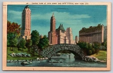 NY, NYC, Central Park, 5th Avenue, Linen, Vintage Postcard