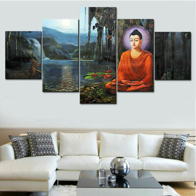 Buddha Meditation Bamboo Orchid 5 Pc Canvas Wall Art Painting Poster Home Decor 