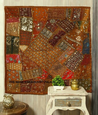Tenture Murale Indienne 102x102cm – Bleu – Coton Brodé Mains – Perles Et Sequins Vintage