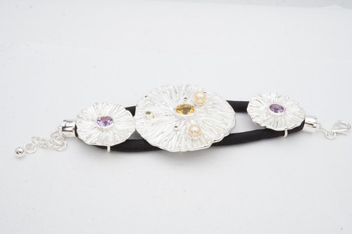 Sterling Silver 925 Citrine Amethyst Pearl Flower Bracelet 7.5" - Picture 7 of 11