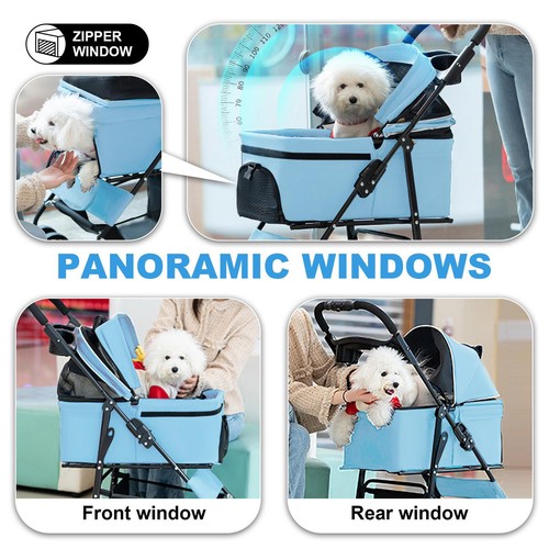 Foldable Pet Strollers 4 Wheels Carrier Cart w/Cup Holder for Cats & Dogs Blue - Picture 12 of 12