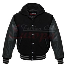 BLACK VARSITY HOODIE LETTERMAN WOOL REAL LEATHER JACKET with classic Button