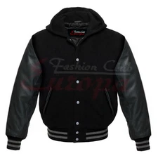 BLACK  VARSITY  HOODIE  LETTERMAN WOOL&REAL LEATHER JACKET with classic Button