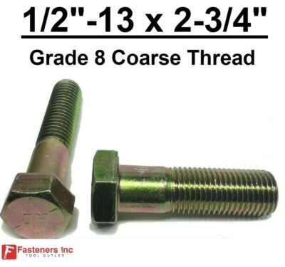 1/2-13 x 2-3/4'' (PT) Hex Bolt Yellow Zinc Plated Grade 8 Cap Screw Coarse Thread