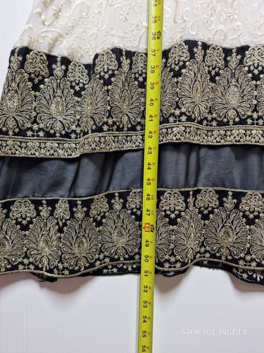 Women's A-Line Dress Medium Ivory Black Floral Embellished V-Neck Rhinestone - Picture 12 of 14