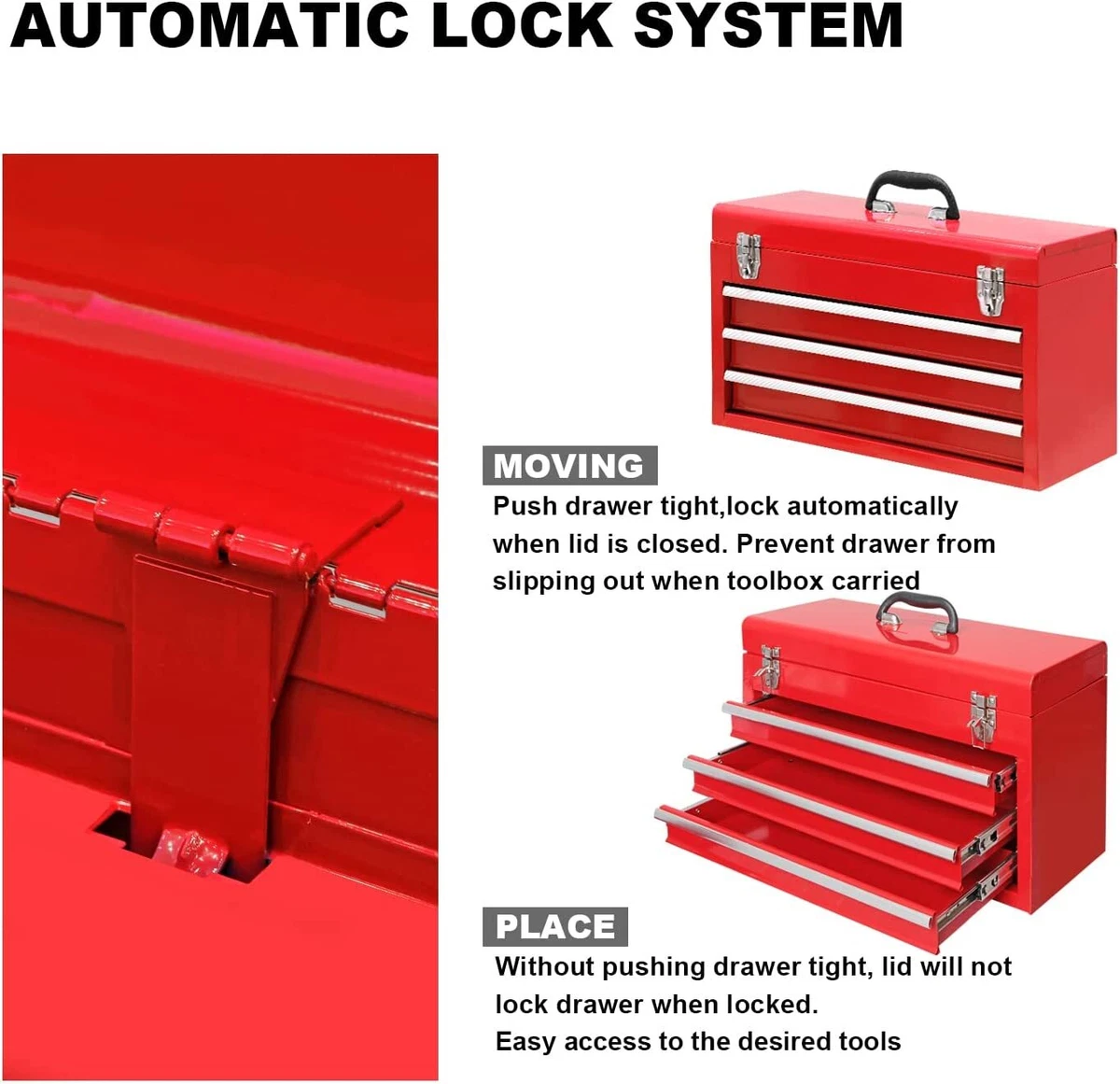 20 In. 3-Drawer Small Metal Portable Tool Box with Drawers and Tray