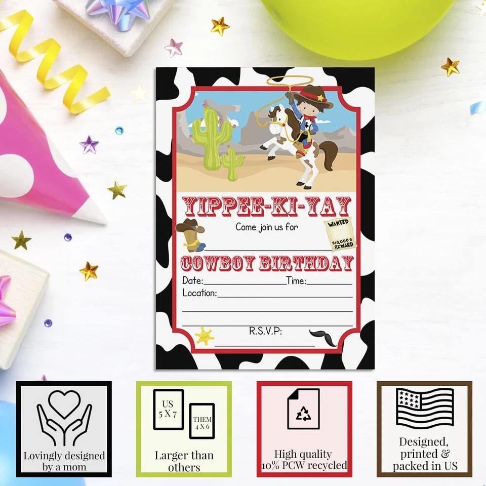 Invitaciones de fiesta de cumpleaños de vaquero para niños 20 tarjetas de relleno de 5x7 con veinte con... Foto 3 de 4