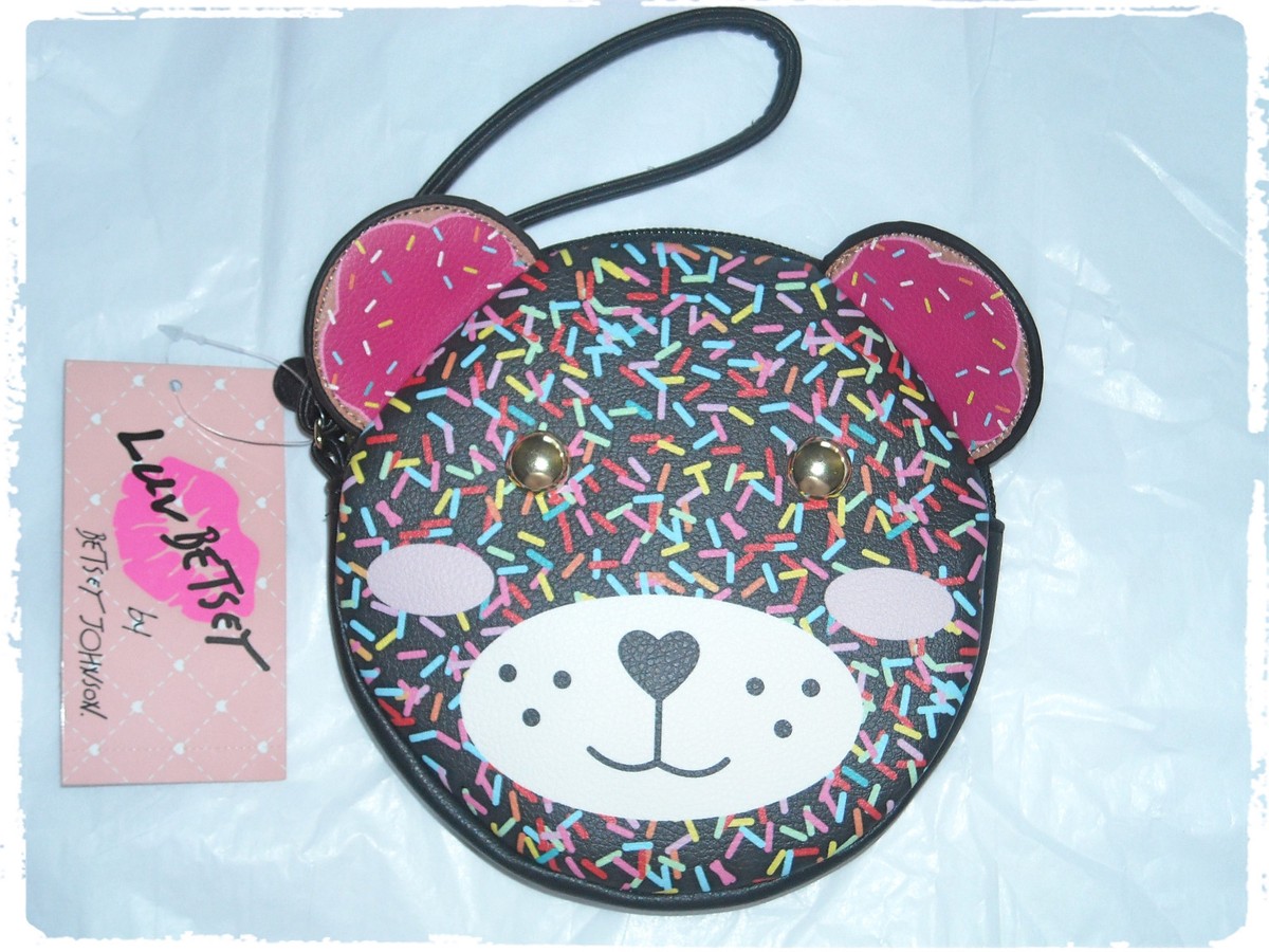 Luv Betsey Johnson Black Rainbow Sprinkles Bear Wristlet Coin