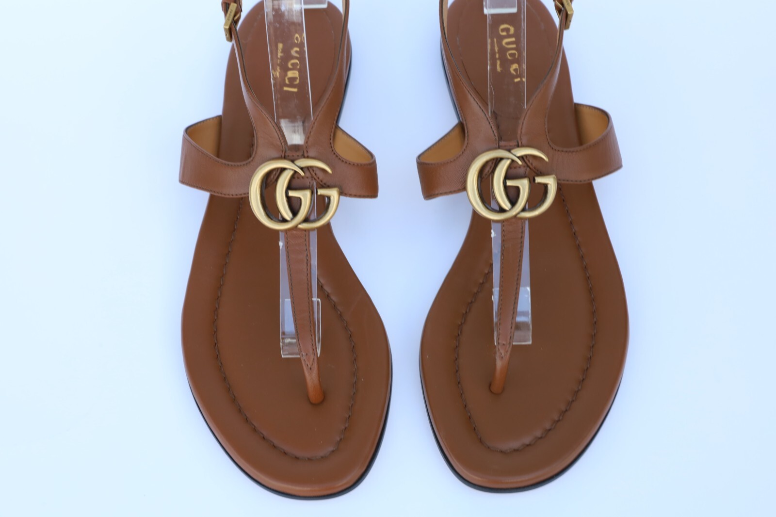 Gucci GG Logo Thong Ankle Strap Sandals Size 38.5 - US 8.5 in Brown Leather image 8