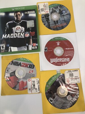 Xbox One Game Lot 5 Madden18,Wolfenstein,The Division,NBA Live 18,NBA2K18 PreOwe