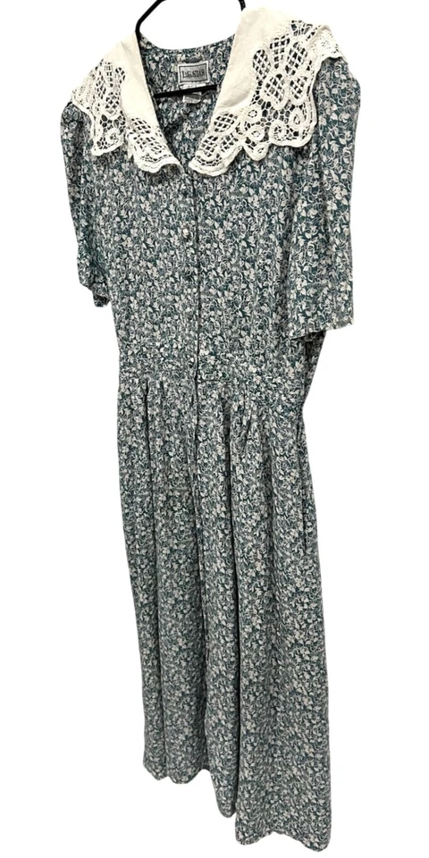 Vintage 80s L.G. Star Floral Midi Dress Lace Collar Sz 18 Modest Cottagecore - Image 3 of 4