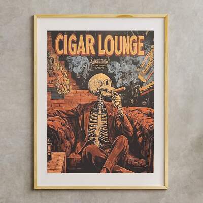 Skeleton Cigar Lounge Wall Art Poster Cigars Print Man Cave Decor Cigar Style Co