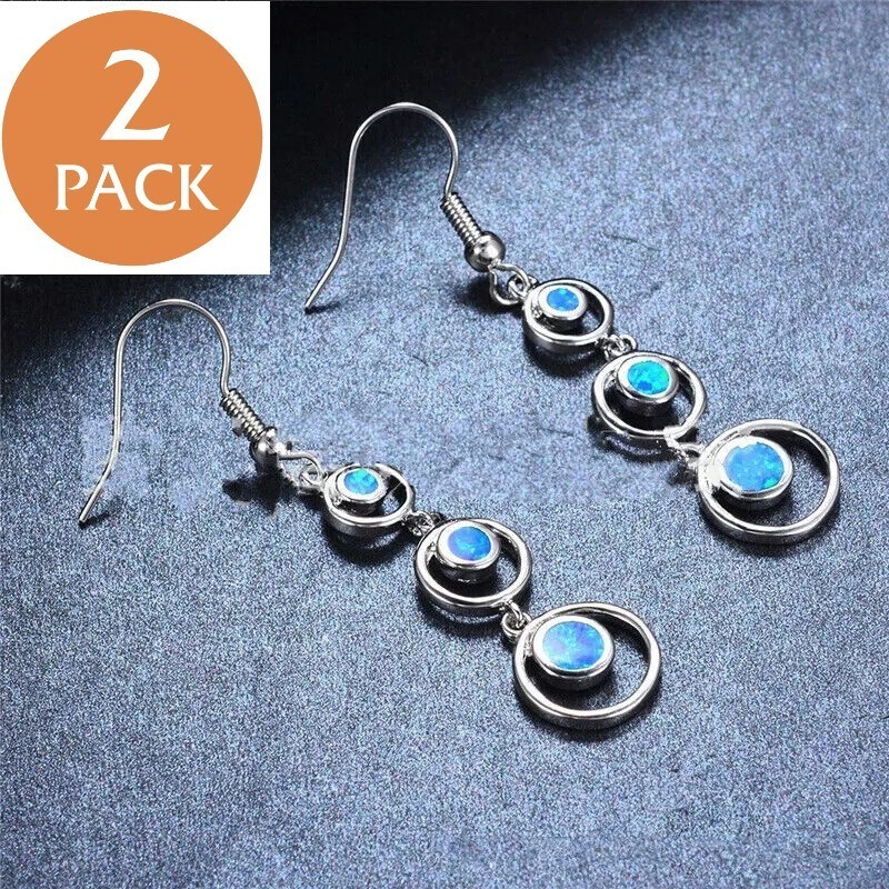 2x Gemstone Blue Fire Opal Dangle Silver Earrings 925 Silver Women Jewelry