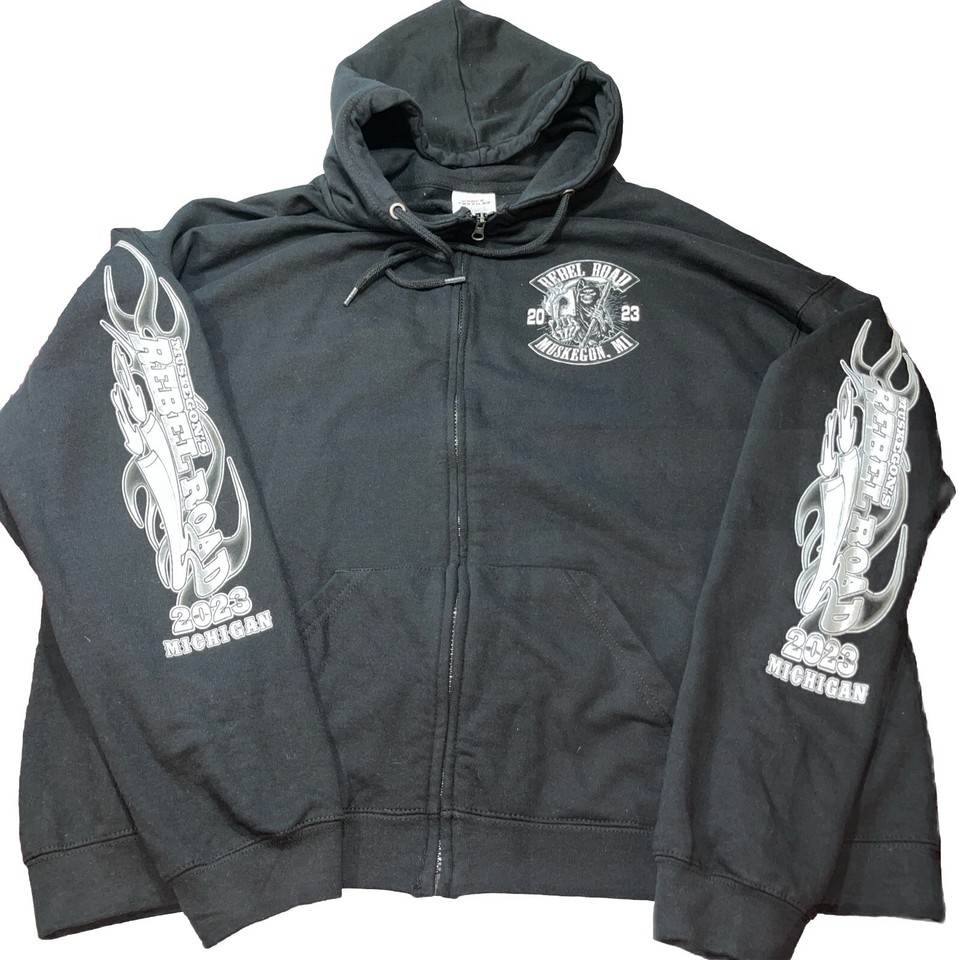2XL REBEL ROAD BIKER BLACK Zip Up Hoodie Sweatshirt SKULL Harley Bad