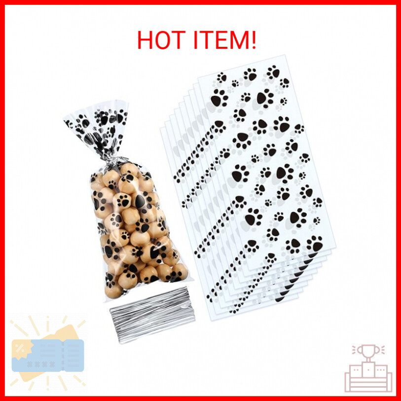 Blulu 100 Pieces Pet Paw Print Cone Cellophane Bags Heat Sealable Candy Bags Dog