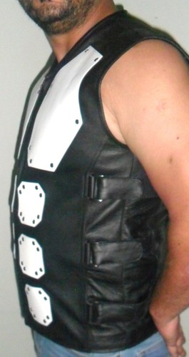 (REDUCED ) (FIT FOR 40 CHEST )BLACK / WHITE Mens Real Leather Biker Cut - Picture 3 of 4