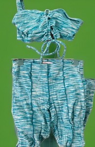 BERSHKA Womens 2 Pc SET Aqua Blue/White Small Off Shouldr Top Stretch Pant NWOT