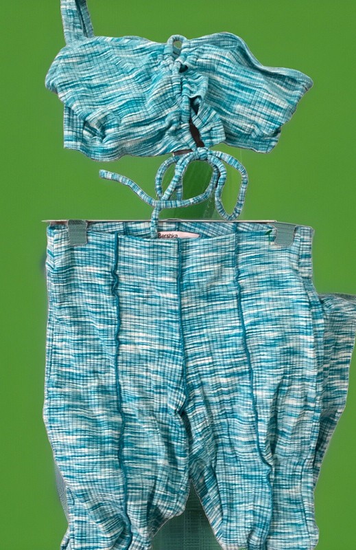 BERSHKA Womens 2 Pc SET Aqua Blue/White Small Off Shouldr Top Stretch Pant NWOT