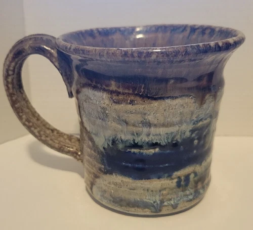 Handmade Studio Art Pottery Blue Gray Brown Mug Signed 4" Tall & 4 1/2" Wide.