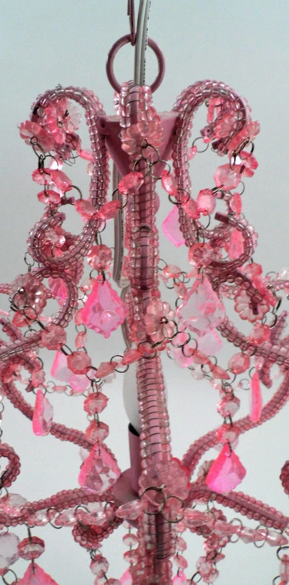 Pink Beaded Single Light Chandelier w Faceted Ball Teardrops Prisms Chain