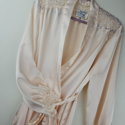 FAYE Long Satin Robe Peach Lace Womens M Pocket Waist Tie Full Sweep