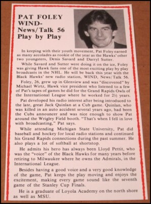 1982 Pat Foley Magazine Clipping Profile 3.5x6 Chicago Blackhawks HOF Announcer