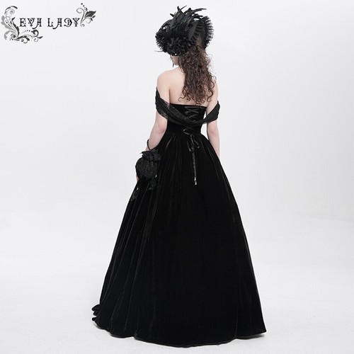 Eva Lady Women Black Gothic Vintage Lace Spliced Velvet Halter Long Party Dress - Picture 6 of 20