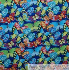 BonEful FABRIC FQ Cotton Quilt Blue Rainbow Butterfly Spring Flower Garden Print