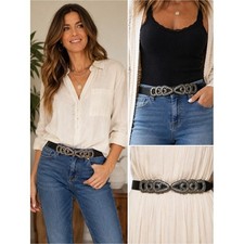 Chico's Genuine Leather Black Belt M/L Silver Engraved Western Buckle Boho