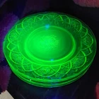 SET of 5  -UV GLOW Green Uranium Etched Depression Glass 9” Large Plates