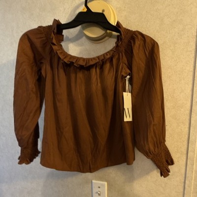 Worthington Tortoise Brown Ruffle Neck Smocked Sleeve Long Sleeve Blouse S