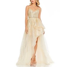 Mac Duggal 70124 Gold Silver Evening Gown Beaded Tulle High Low Dress Size 10