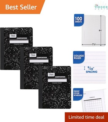 Composition Notebook 3 Pack College Ruled Black Marble Durable Cover School