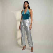 Nwt Express Body Contour Teal Velvet Deep V Sleeveless Halter Bodysuit Size M