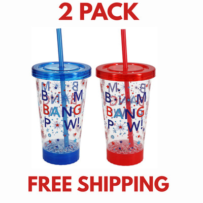 LED Light Up Tumbler 2 Pack Patriotic Stars Fireworks Cup with Straw Party Cup