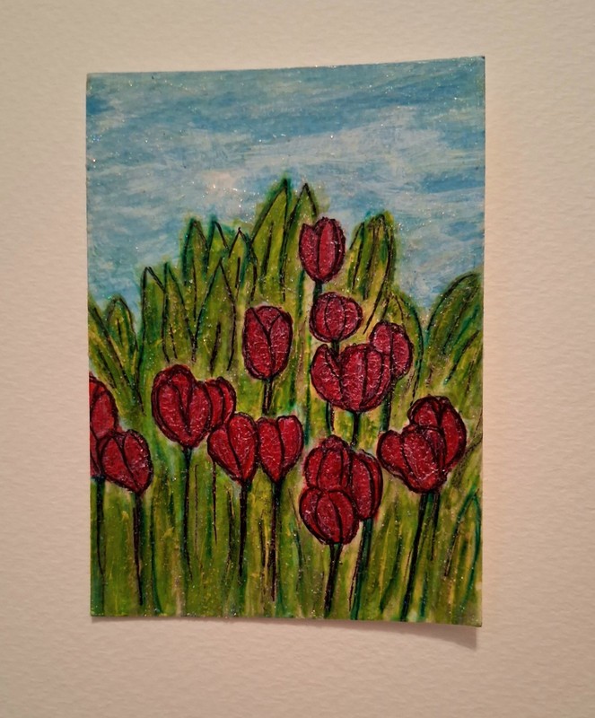 3DBeccaart Original Painting ACEO .. "Red Tulips" .. 2.5" x 3.5" in Size